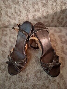 Jimmy Choo Bronze Metallic Crystal Strappy Wedge Sandals